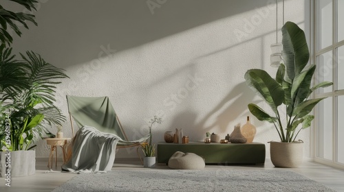 Serene, plant-filled interior with soft lighting and a minimalist aesthetic. A cozy chair and low console create a calming space