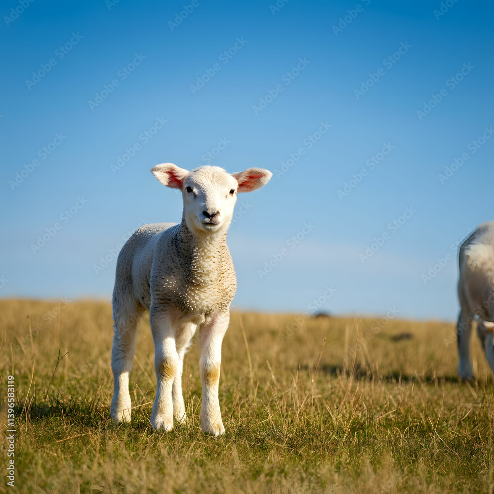Fototapeta premium Curious Lamb in Sunny Pasture, Another Grazing in Background