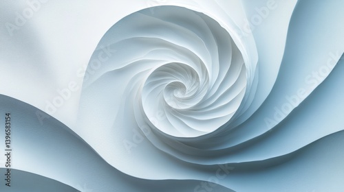 A mesmerizing spiral pattern in soft shades of white, resembling delicate paper spirals, creating a sense of depth and fluidity.