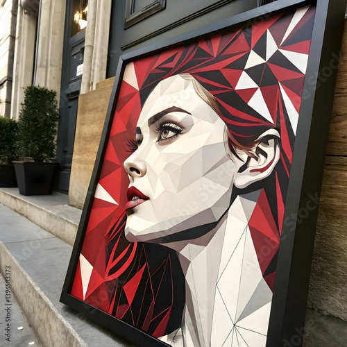 A colorful piece of art with a womans face and a red lip
