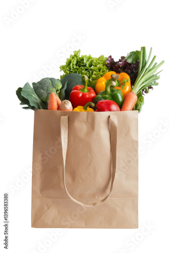 paper bag full of fresh vegetables Isolated on Background