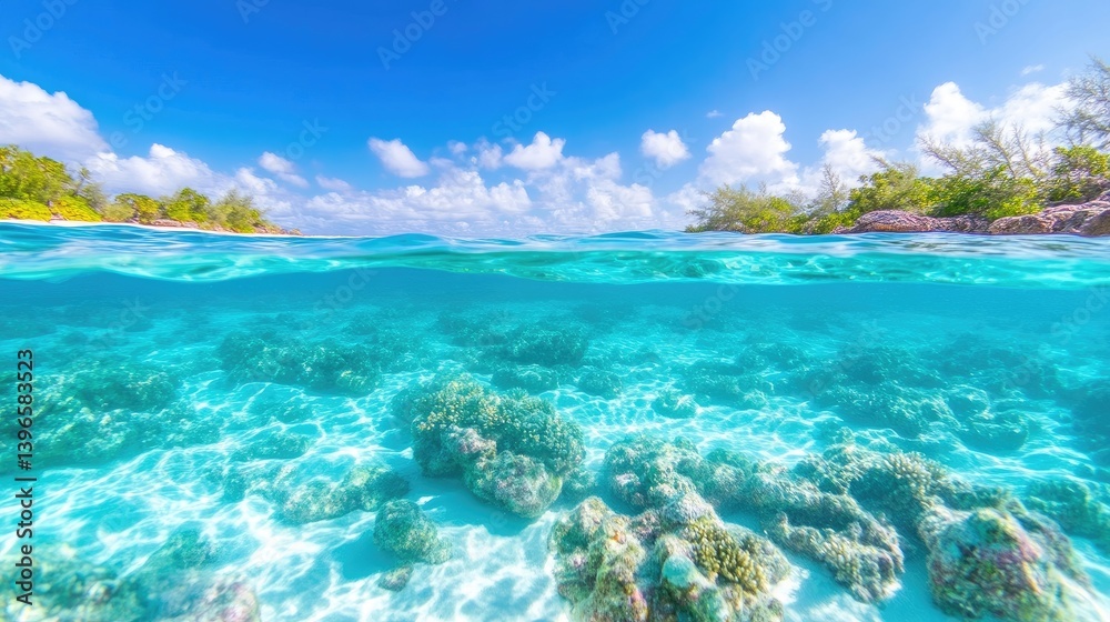Fototapeta premium Crystal-clear turquoise water, coral reefs, and white sand beach meet a vibrant blue sky. A perfect tropical paradise