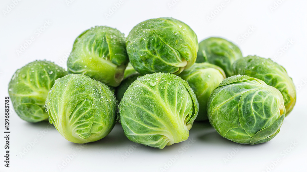 Fototapeta premium Studio image of dewy Brussels sprouts arranged slightly to the left bottom of a clean surface