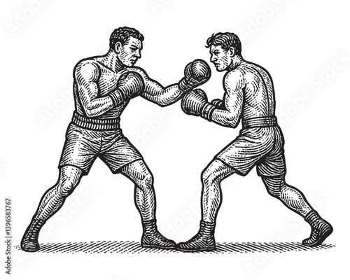 Vintage Etching of Two Boxers in Close Combat