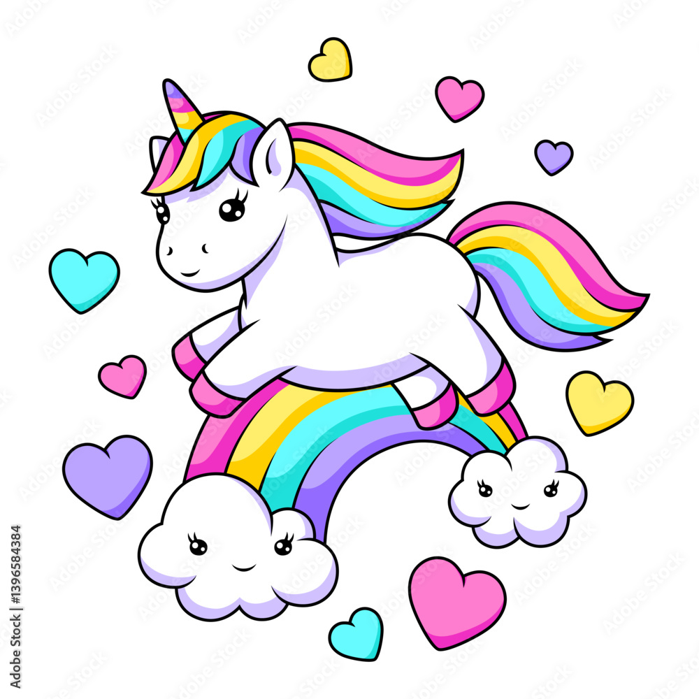 Print with unicorn. Happy birthday party design.