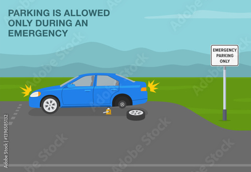 Safe driving tips and traffic regulation rules. Side view of a broken car on country road. "Emergency parking only" sign area. Flat vector illustration template.