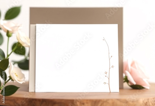 Blank White Card Mockup with Delicate Floral Design. A high-quality mockup of a blank white card featuring a subtle hand-drawn floral design
