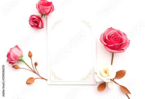 Obraz na płótnie Elegant Blank Card with Pink and Cream Roses. A minimalist romantic flat lay featuring a blank white card adorned with gold floral corner embellishments w salonie