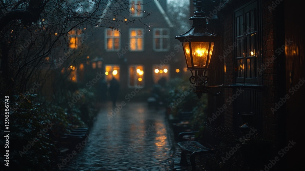 Obraz premium Misty alleyway, gas lamp, old houses, rain, night