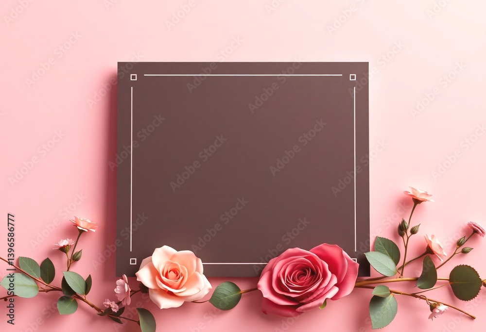 Elegant Blank Card Mockup Decorated with Roses and Greenery. A sophisticated mockup of a dark brown rectangular card with a delicate white border set against a soft pink background