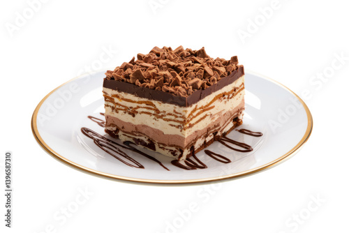 chocolate cake slice on plate, isolated on white background