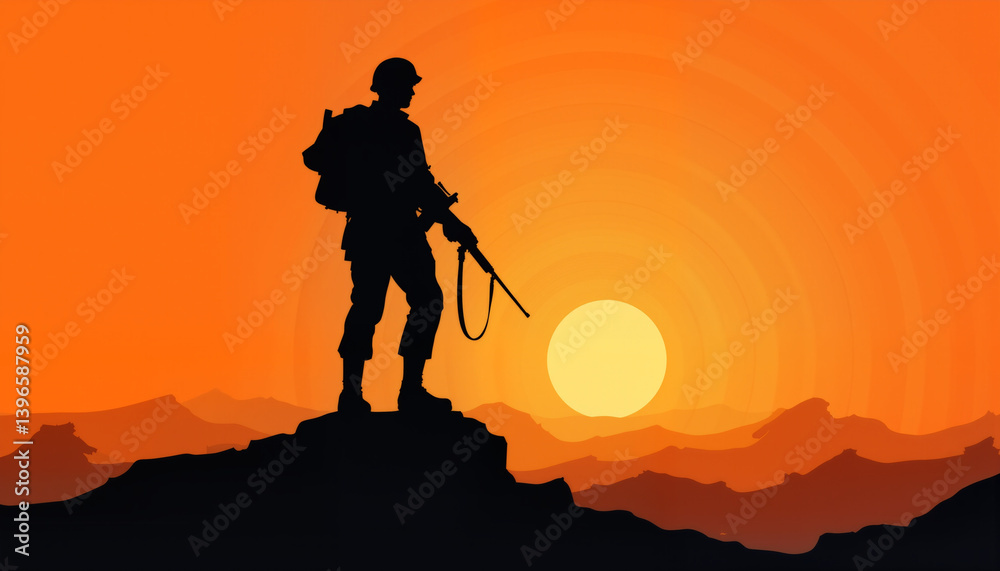 Fototapeta premium Soldier standing silhouetted against a sunset in the mountains - 