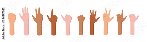 Cartoon flat hand count gesture set of diverse bare arm positions. Variety of finger and palm configurations for counting numbers. Isolated illustration useful for education and professional context.