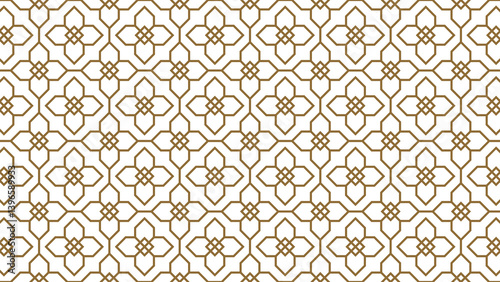 Geometric brown and white seamless pattern with floral accents. Abstract linear tile design.