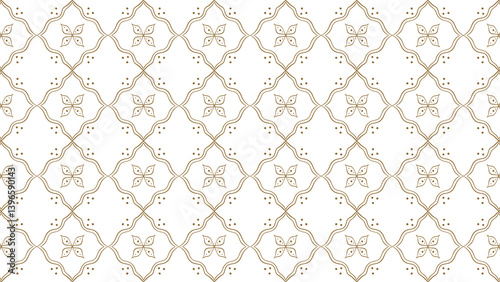 Delicate gold floral and geometric seamless pattern on white. Ornate lattice and stylized leaf design.