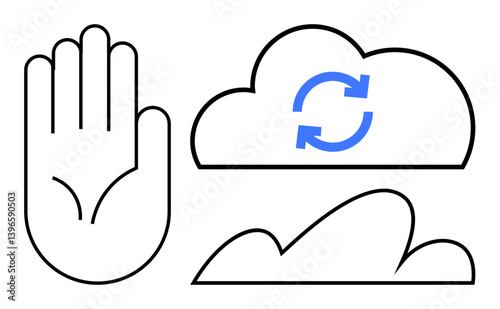 Outlined hand gesture next to cloud upper cloud with circular sync arrows. Ideal for data exchange, cloud computing, privacy, synchronization, digital security, sharing, flat simple metaphor