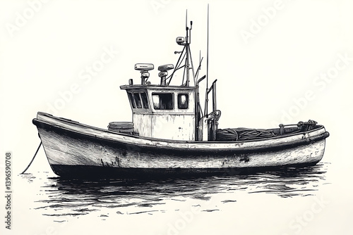 Pen And Ink Drawing Of A Fishing Boat On Water Surface Vintage Style