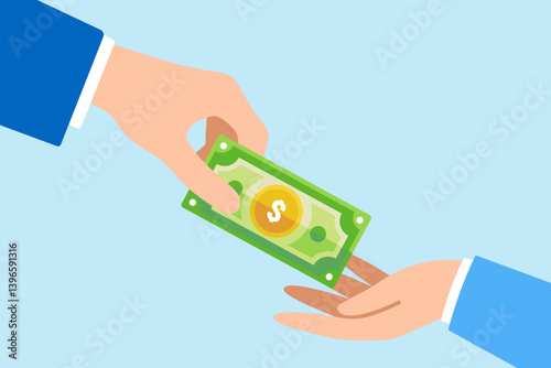Flat illustration of businessman hand money banknote to friend symbolizing borrowing or lending
