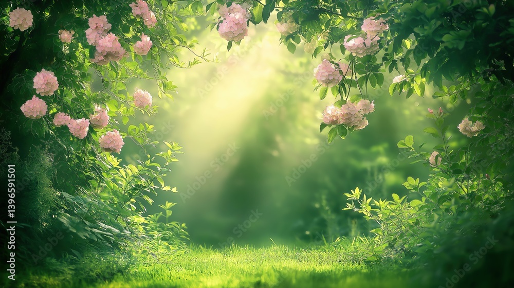 Fototapeta premium Blooming hydrangeas in a serene garden, lush greenery under soft sunlight. Peaceful countryside charm and natural beauty.