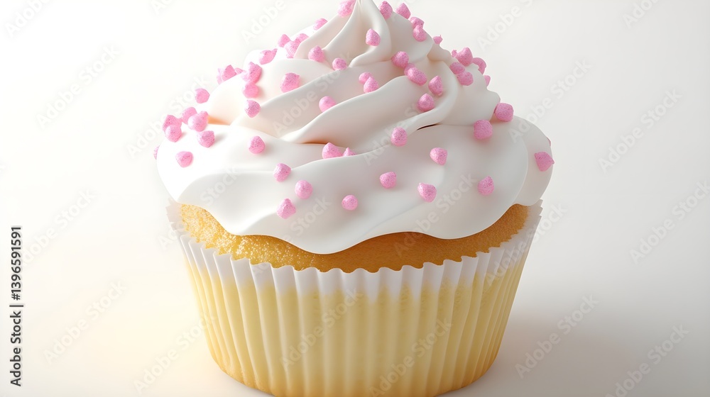 Delicious White Frosting Cupcake with Pink Sprinkles on Top