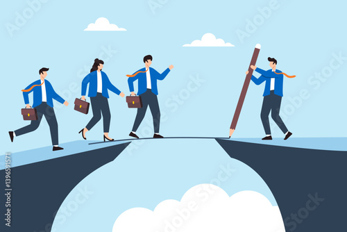 Flat illustration of businessman manager draw bridge to help team member cross cliff to success