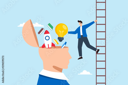 Flat illustration of man insert book lightbulb rocket booster into open human mind symbolizing upskilling