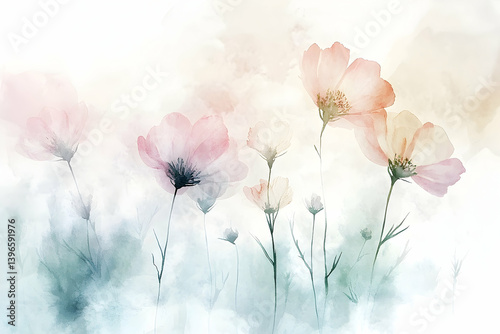 A delicate watercolor painting of blossoming cosmos flowers in pastel hues.