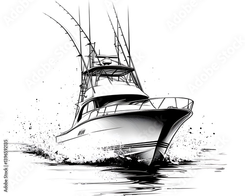Monochrome Illustration Of A Fishing Boat Speeding Through Water With Fishing Rods