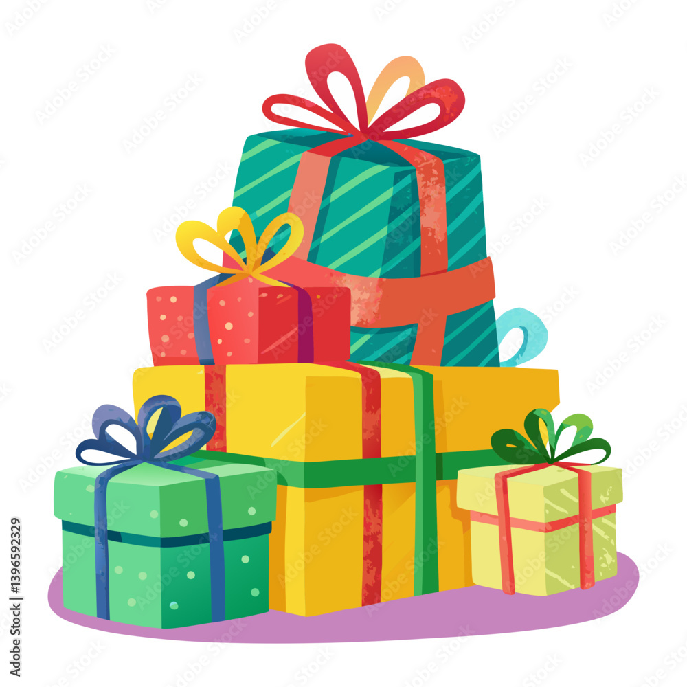 Fototapeta premium Cute watercolor gift box stack clip art isolated on white background.