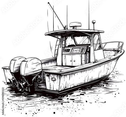 Detailed Black And White Illustration Of A Center Console Fishing Boat