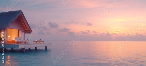 A peaceful overwater bungalow in the Maldives at sunset.