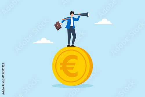 Flat illustration of businessman investor stand on euro coin using telescope to predict Europe economy