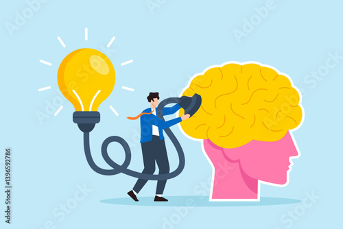 Flat illustration of businessman connect lightbulb idea plug to human brain symbolizing creativity and innovation