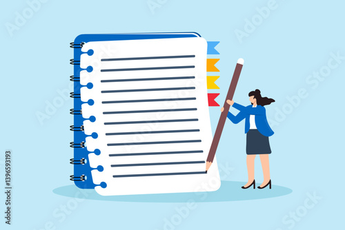 Flat illustration of smart woman hold big pencil thinking and writing content on notepad