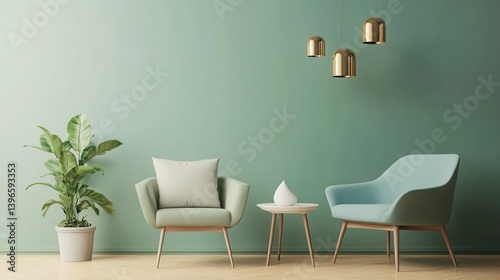 Serene green interior with stylish armchairs, a small side table, and lush plant life. Modern, minimalist aesthetic with warm wood flooring