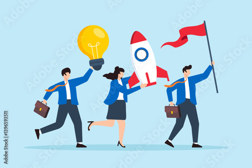 Flat illustration of business people hold winner flag rocket ship and lightbulb idea symbolizing entrepreneurship