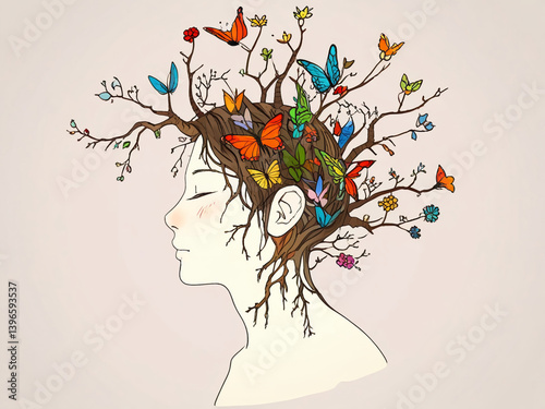  man personification of father of planet earth, fantasy boy on head with leaves and butterflies AI generated