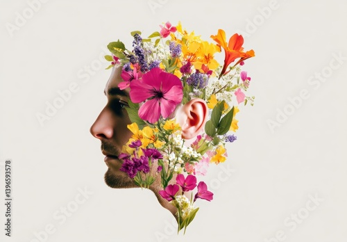 Fototapeta Naklejka Na Ścianę i Meble -  Side profile of a Caucasian man blended with vibrant flowers, symbolizing nature and creativity.