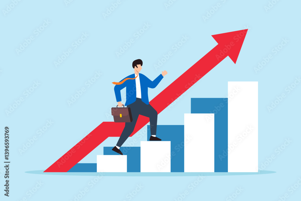 Flat illustration of businessman walk up growth chart staircase symbolizing progress toward success Flat illustration of businessman walk up growth chart staircase symbolizing progress toward success