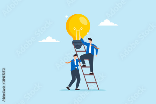 Flat illustration of businessmen help colleague climb up lightbulb idea symbolizing teamwork and leadership