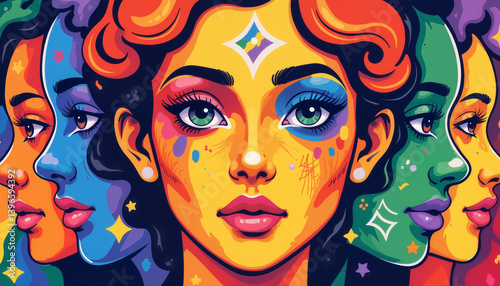 Colorful portrait of a woman with expressive features in vibrant style  
