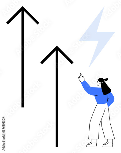Woman gesturing towards upward arrows and lightning bolt, representing energy, progress, and ambition. Ideal for growth, success, goals, motivation, leadership innovation flat simple metaphor