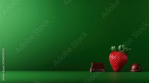 Obraz na płótnie Sweet Temptation: Strawberry, Chocolate Bar, and Truffle on Green Background w salonie