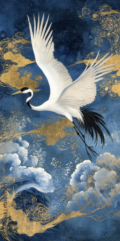 Fototapeta premium A white crane flies against a blue and gold cloudy background.