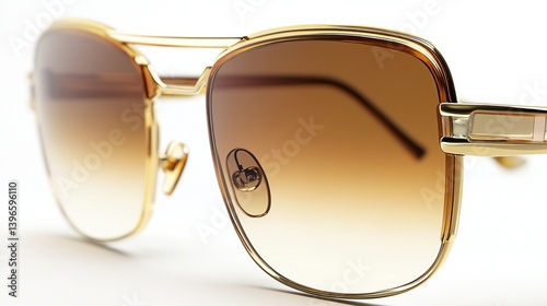 Close-up of stylish brown gradient sunglasses with gold frame.