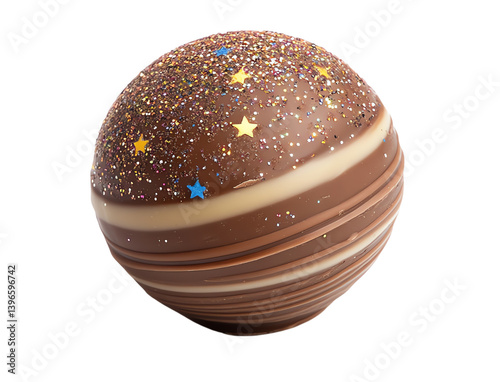 A delicious chocolate sphere adorned with colorful sprinkles and stars, perfect for desserts and celebrations.