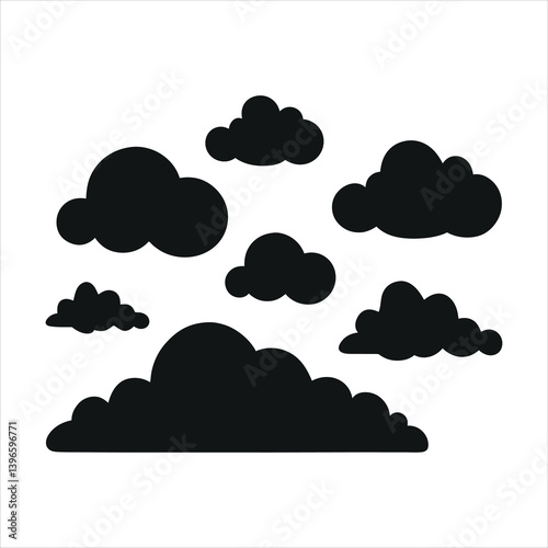 Set of Cloud Silhouette, White Background, Isolated Vector, Sky Clipart, Cloud Icons Pack