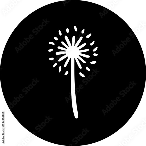 Minimalist dandelion seed head illustration on a stark black circular background