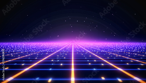 Futuristic digital landscape with glowing lines and stars  