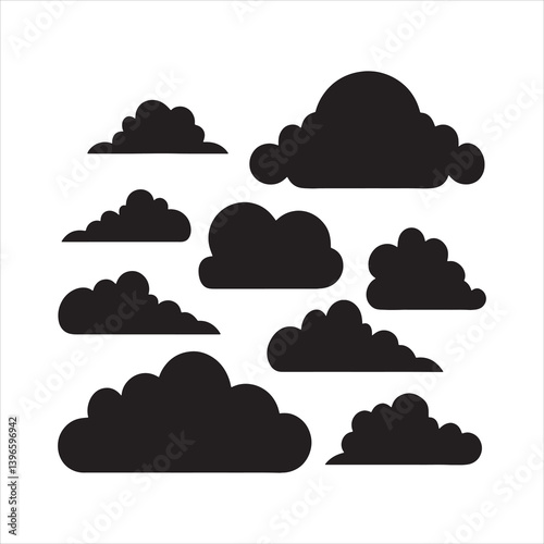 Set of Cloud Silhouette, White Background, Isolated Vector, Sky Clipart, Cloud Icons Pack